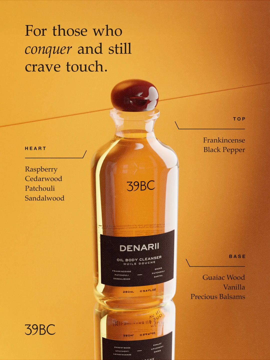 A bottle of Denarii 39BC Oil Body Cleaner is centered on a warm orange background with decorative text and ingredient callouts around it.