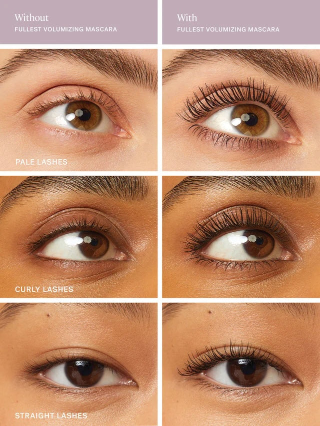 Comparison of eyelashes with and without the fullest Volumizing Mascara on different types of lashes.