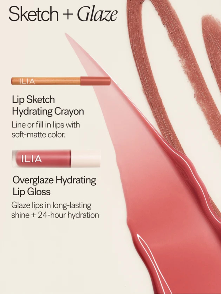 ILIA Sketch + Glaze lip makeup set on a warm cream background, featuring a lip sketch crayon, overglaze hydrating lip gloss, and large swatches of the soft pinkish-rose shade.
