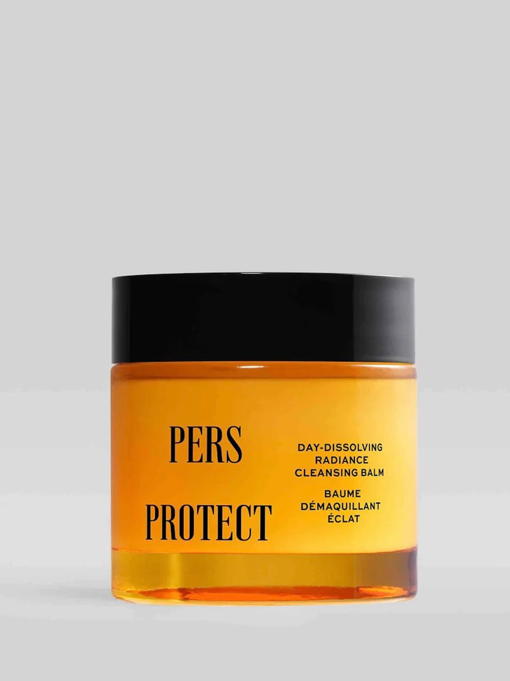 Jar of 'PERS PROTECT' cleansing balm with black lid on a light gray background
