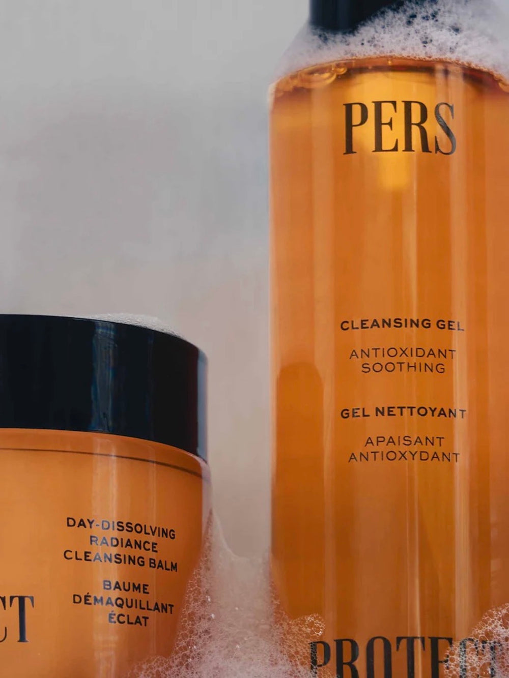 Two skincare products, a jar and a bottle, with 'PERS' branding on a textured background.
