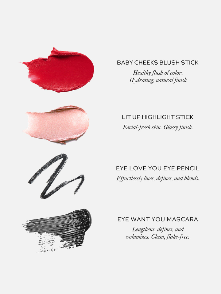 Four cosmetic swatches on a light gray background with text labels: a red cheek blush stick, a pale pink highlight stick, a black eye pencil stroke, and a black mascara stroke, each with descriptive copy.