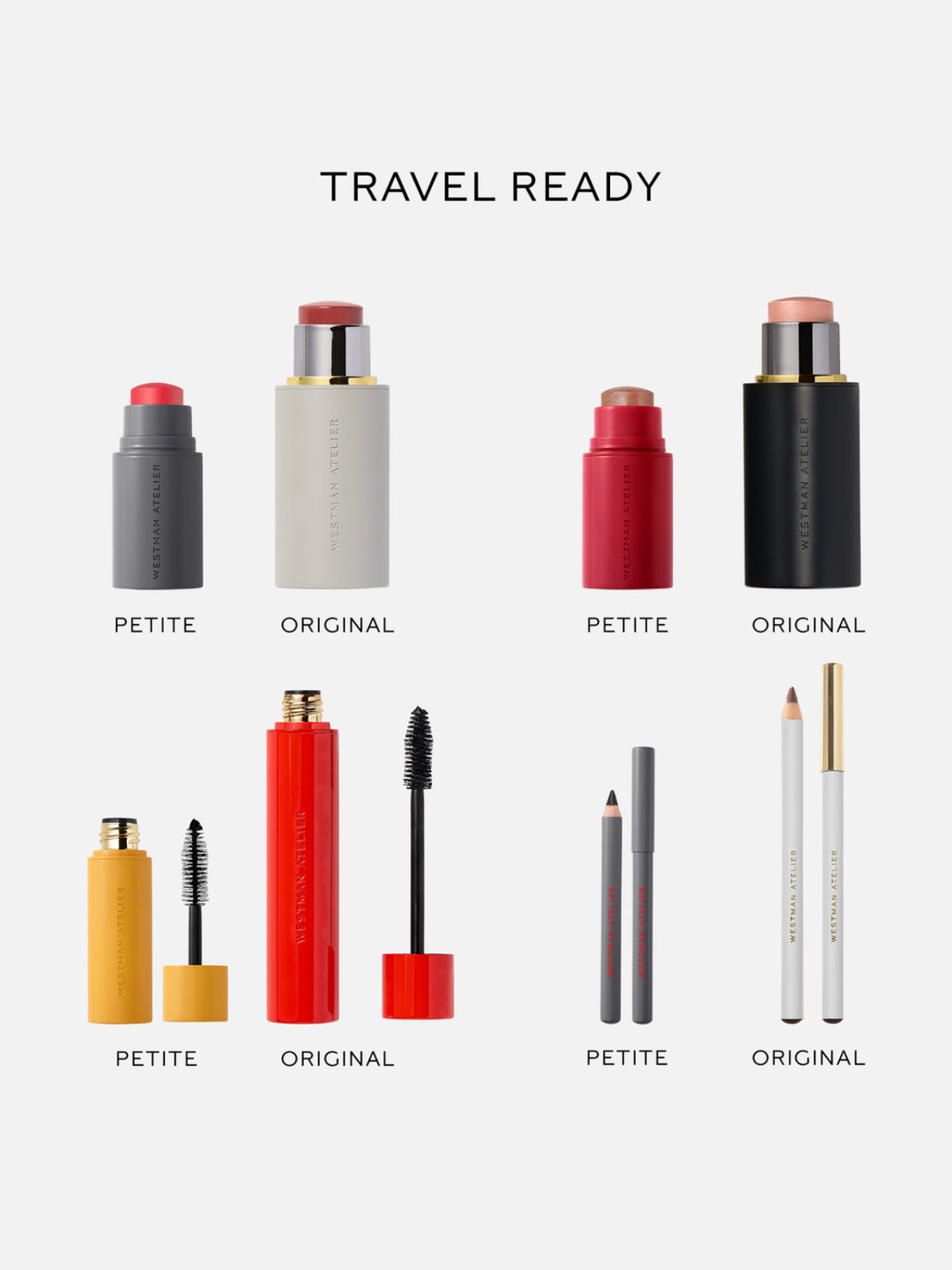A travel-ready cosmetics set featuring six makeup items from Estée Lauder, including lip products, mascara, pencils, and a compact powder, arranged in a clean grid with 'TRAVEL READY' text at the top. Each item shows both the compact and the opened product, with 'PETITE' and 'ORIGINAL' labels underneath.