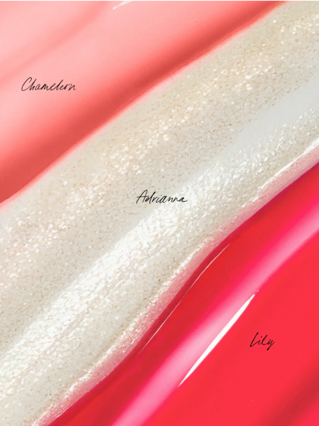 Close-up of a pink, white, and red color swatch with labels, rms beauty Lipt Trio