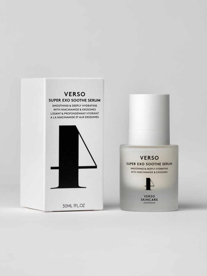 Verso Super Ego Soothe Serum packaging on a light gray background