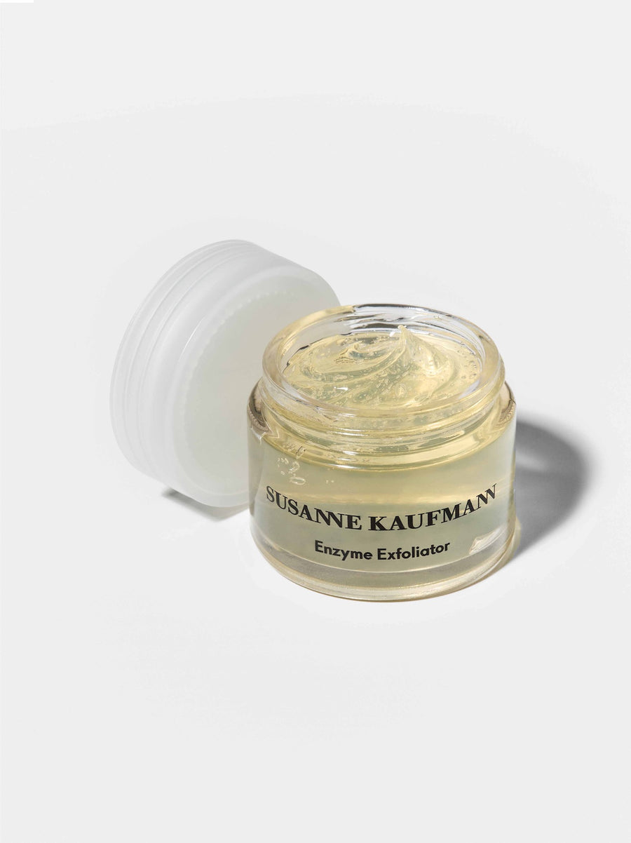 Susanne Kaufmann Enzyme Exfoliator jar with open lid on a white background