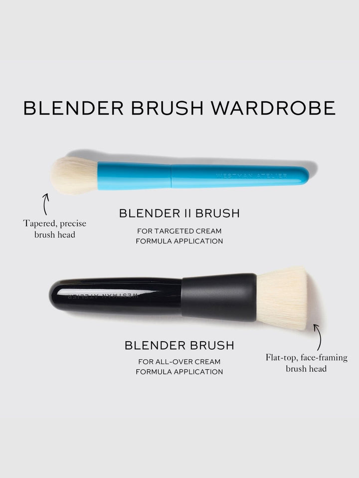 Two Westman Atelier makeup brushes with text describing their uses on a light gray background.