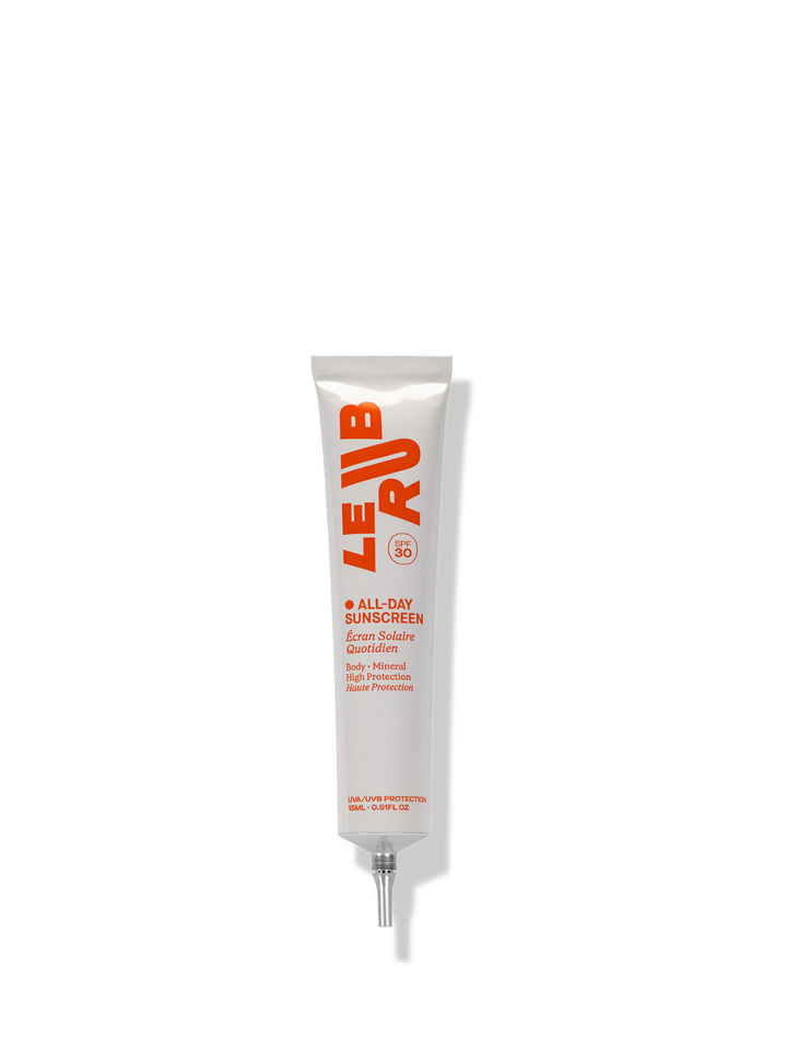 Le Rub all day sunscreen tube on a white background