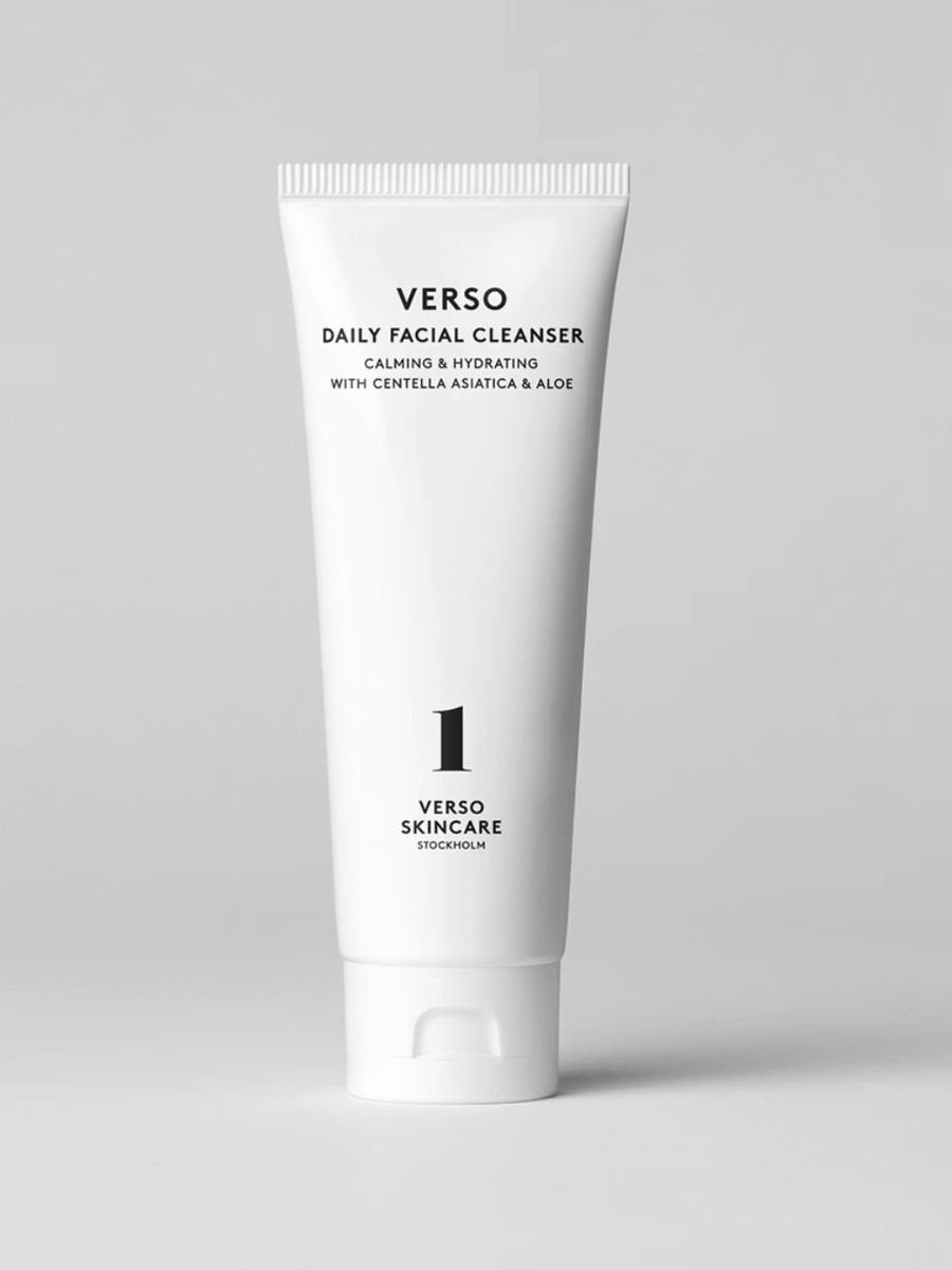 Tube of Verso Daily Facial Cleanser on a gray background