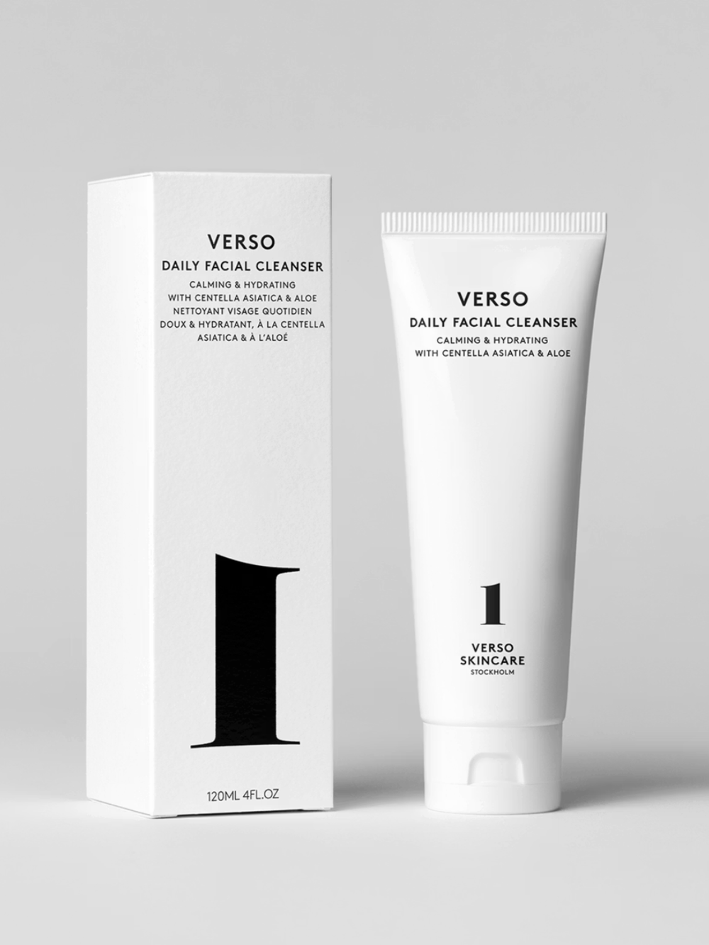 Verso Daily Facial Cleanser packaging on a gray background