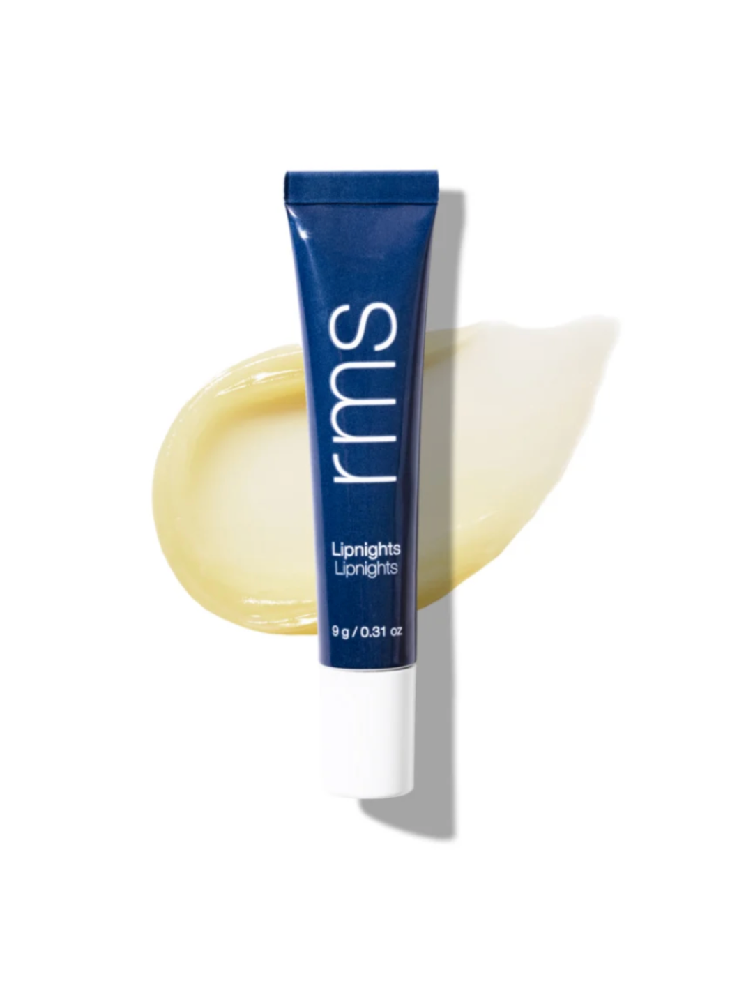 Blue cosmetic tube with 'rms' branding on a white background