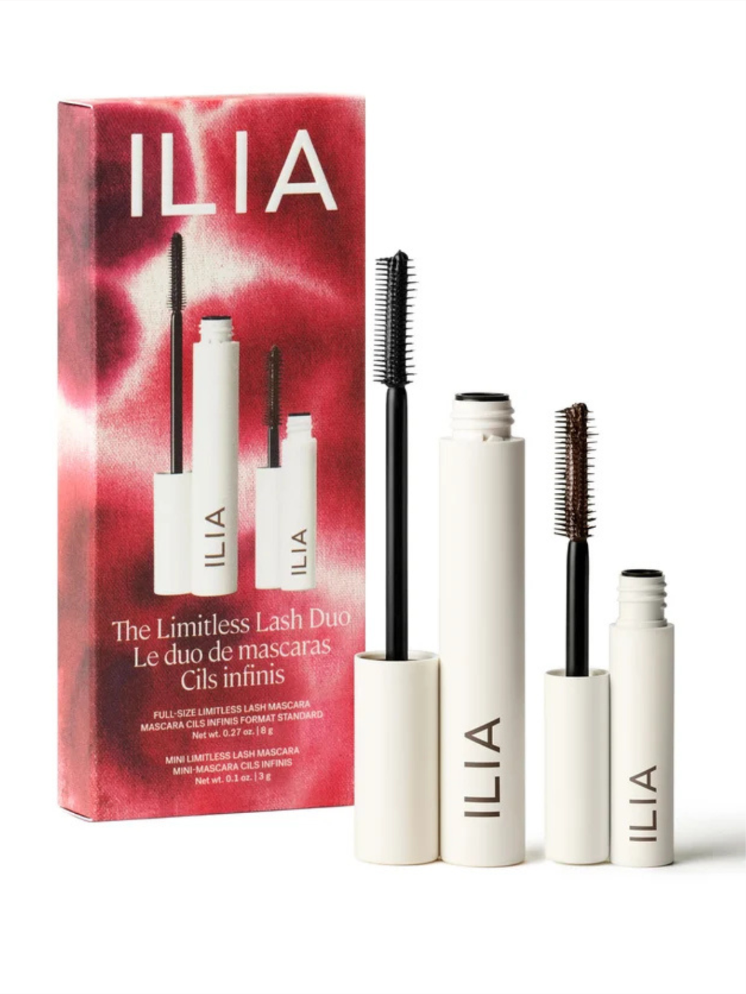 ILIA The Limitless Lash Duo mascara set, featuring a pink and red box alongside two white mascara tubes with brushes, on a white background.