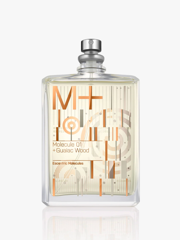 Perfume bottle labeled 'Molecule 01 + Guaiac Wood' on a white background