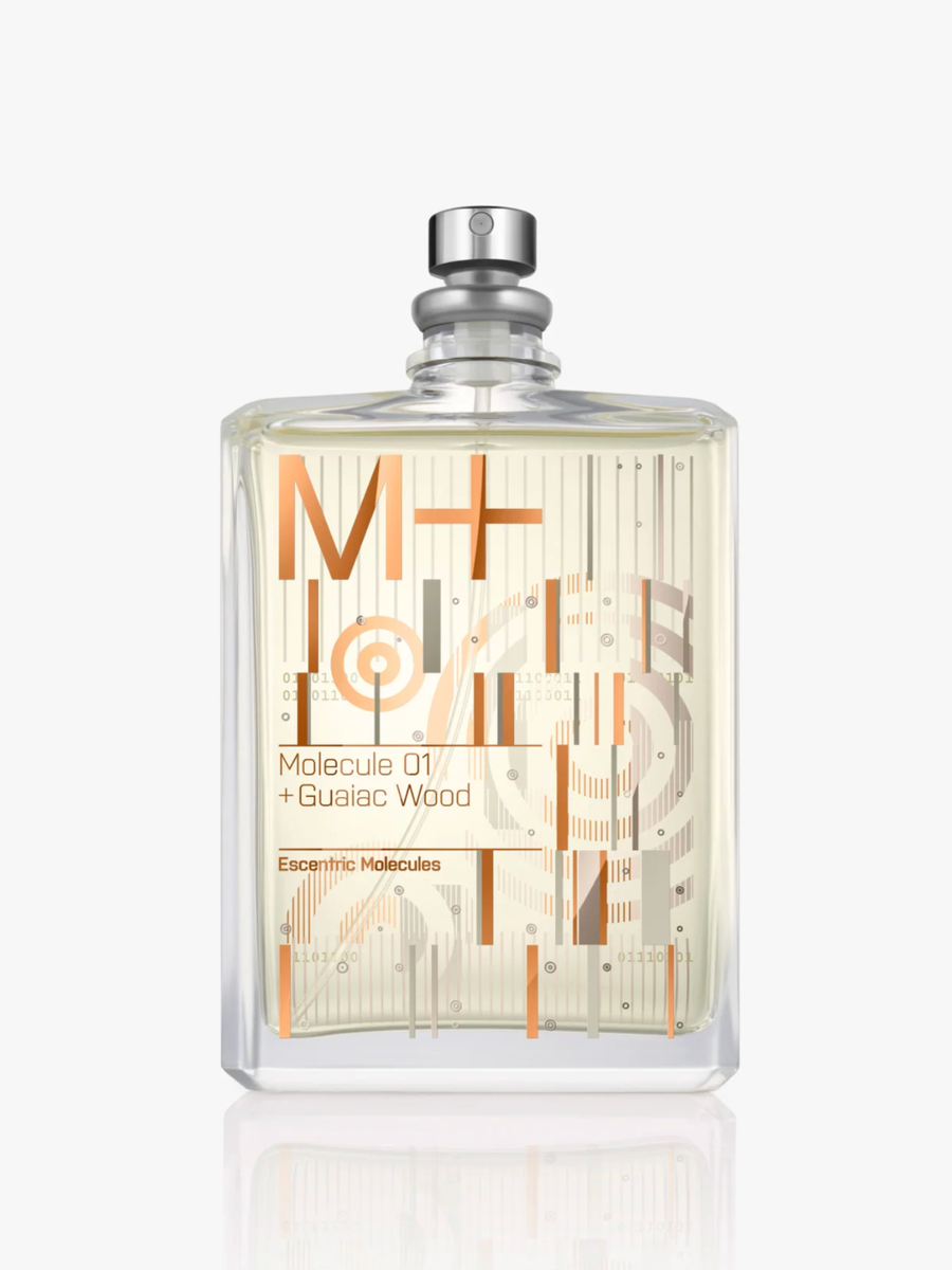 Perfume bottle labeled 'Molecule 01 + Guaiac Wood' on a white background