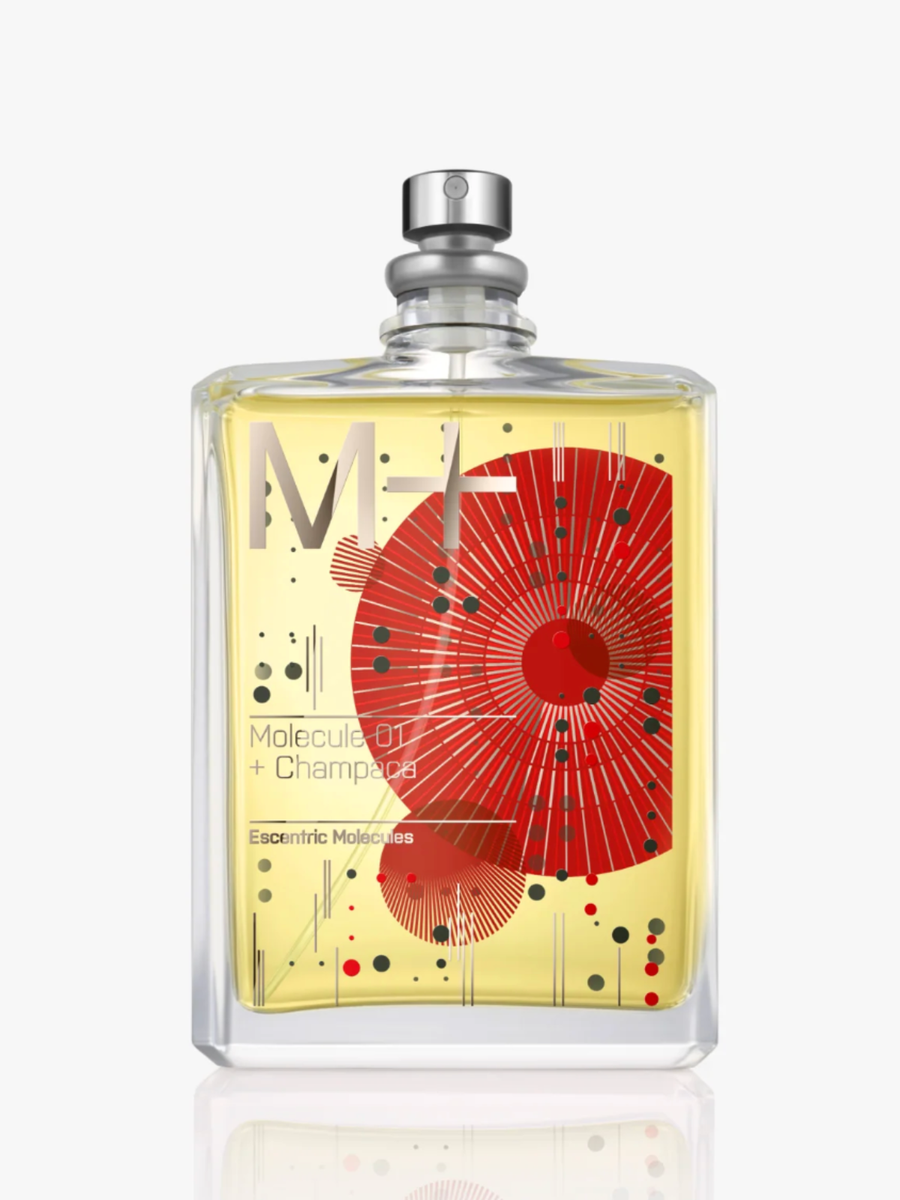 Perfume bottle with red and yellow design on a white background