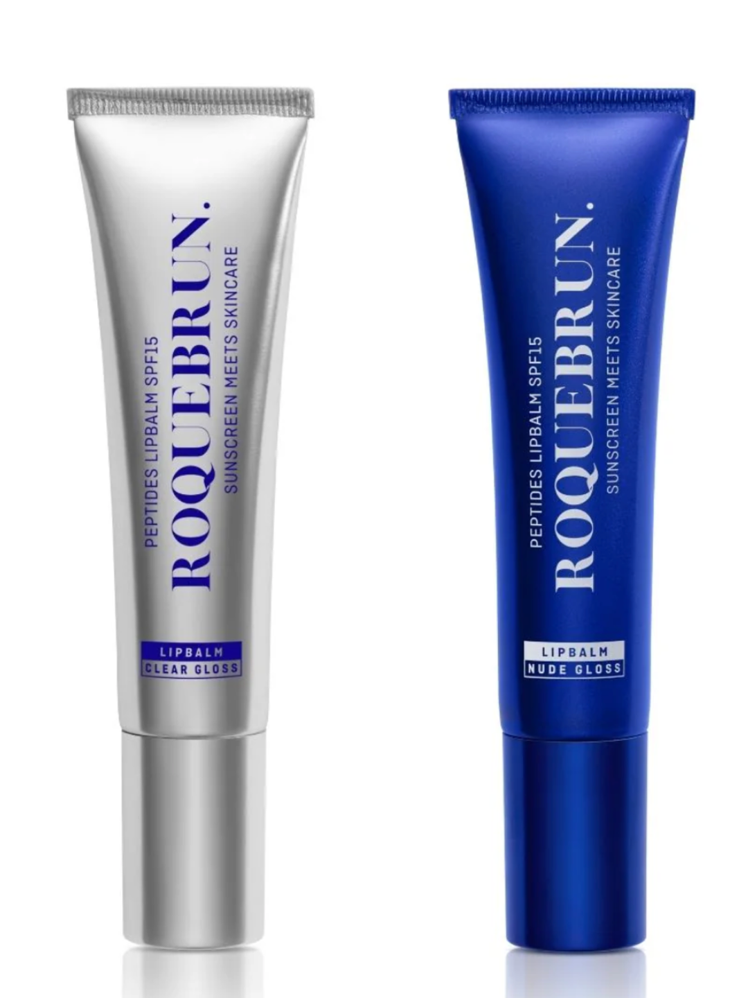 Two lip balm tubes, one silver and one blue, with 'Roquebrun' branding on a white background.