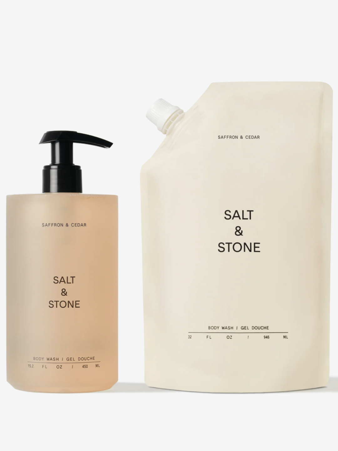 Two bottles of Salt & Stone body wash on a white background